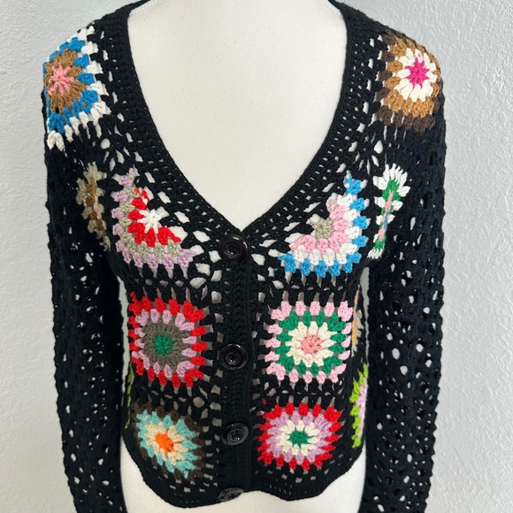 Black Crochet Granny Square Cardigan Sweater Colorful Boho Festival - Picture 2 of 6